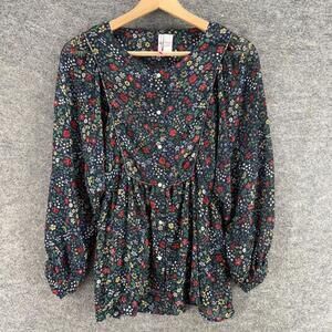 Attitude Unknown Button Up Top Women M Medium Blue Floral Long Sleeve Casual